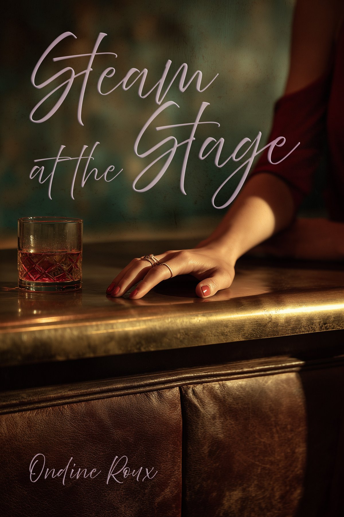 Steam at the Stage by Ondine Roux — a hand at rest beside a tumbler of amber liquor on a brass bar in low light